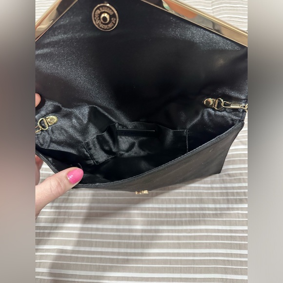 Women's Black Evening Bag Envelope Clutch Shoulder Crossbody Bag Faux Suede Gold - Picture 5 of 11